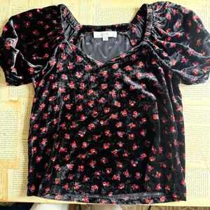 LOFT Black Velvet Puff-Sleeve Top with Red Rose Print, Babydoll Style Size SP